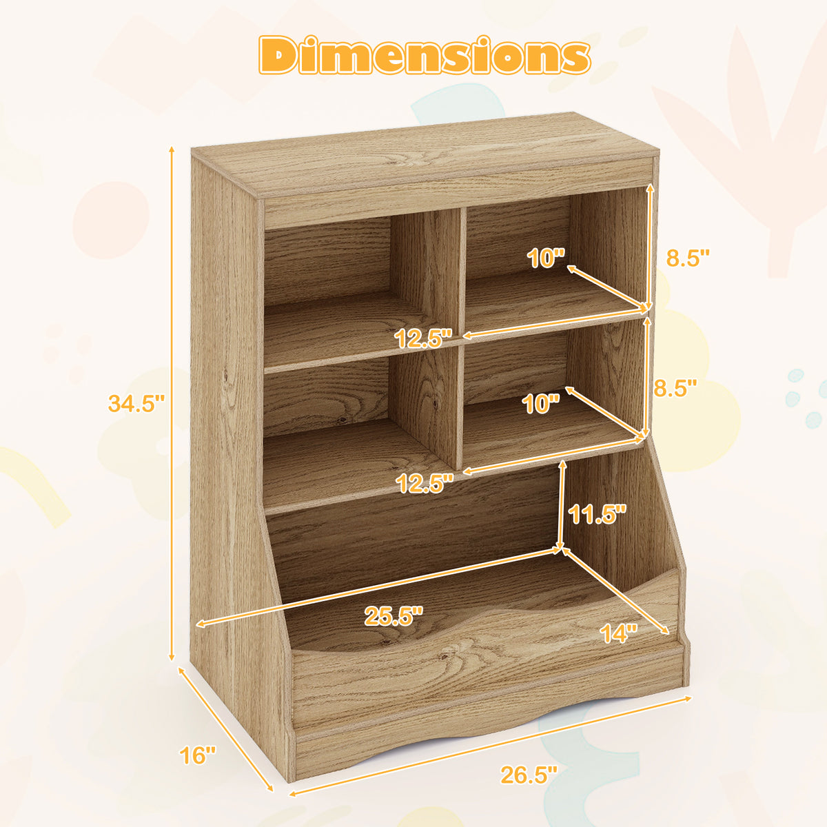 Kids Multi-Functional Bookcase with 5 Open Storage Compartments - Natural Finish