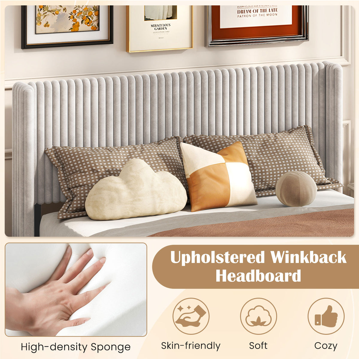 Queen Size Velvet Bed Frame with Wingback Headboard - White