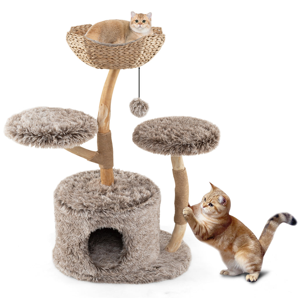 Wood Cat Tree Solid Pear Cat Tower with Perch & Sisal Posts - Brown