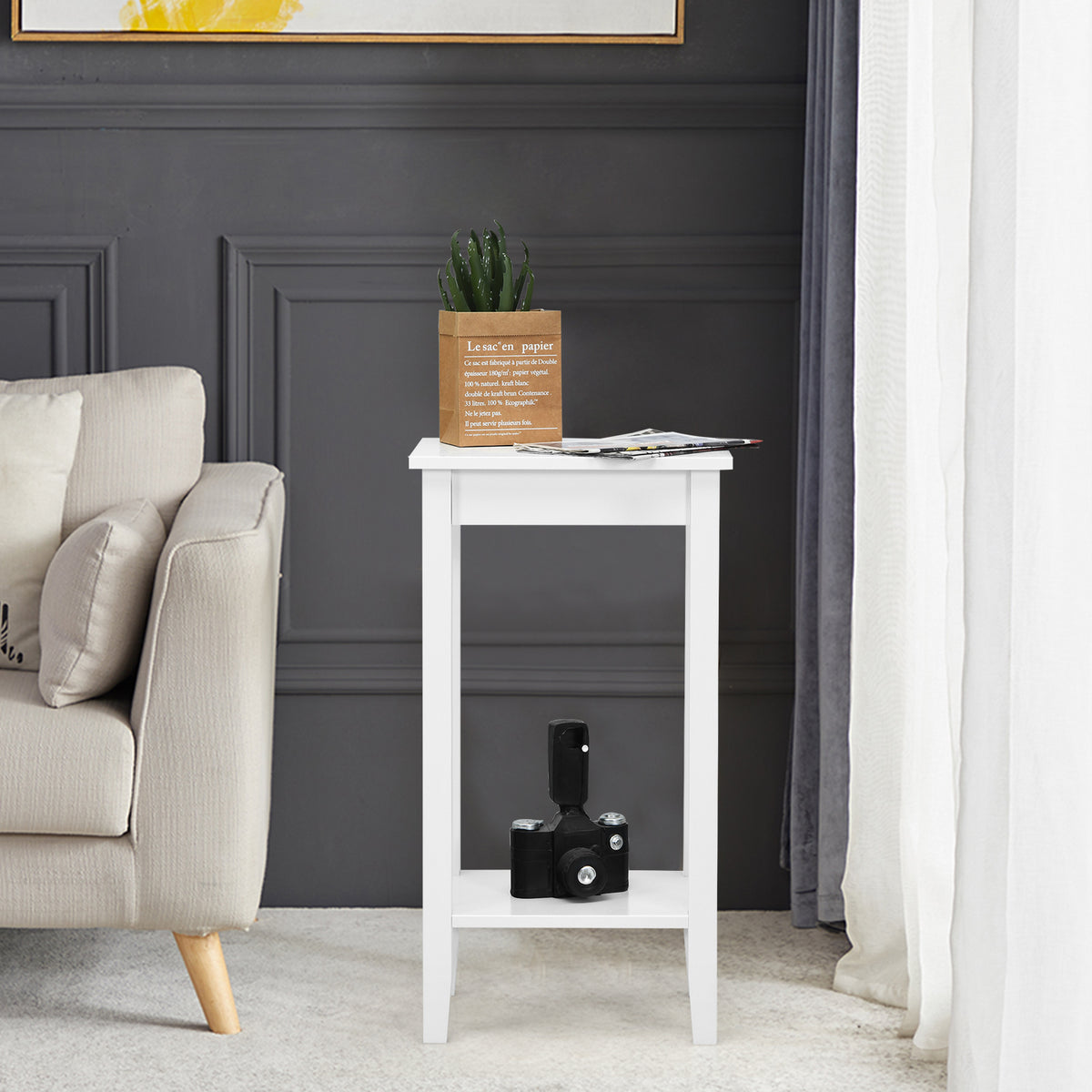 2-Tier End Table with Storage Shelf, Set of 2, White