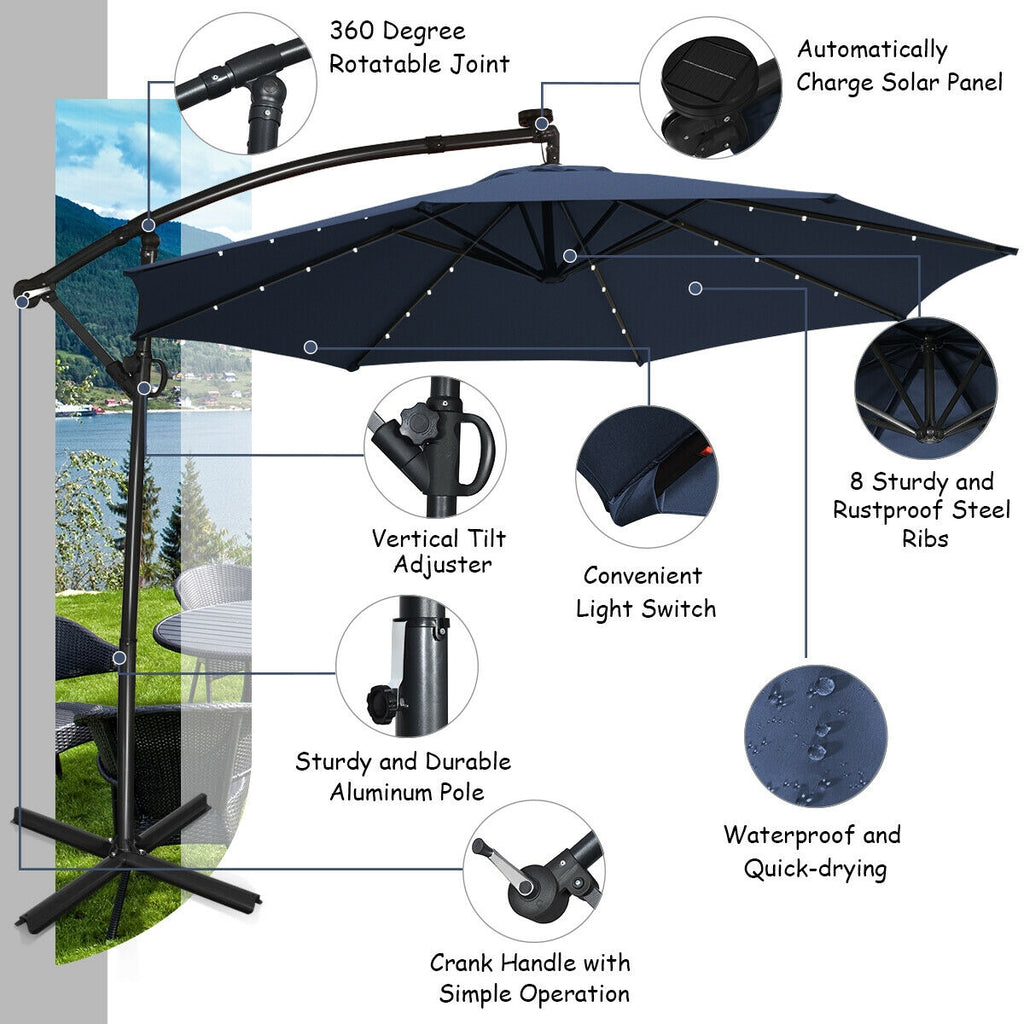 10 x 8 Feet Solar Patio Umbrella with 32 LED Lights, 360° Rotation, Navy
