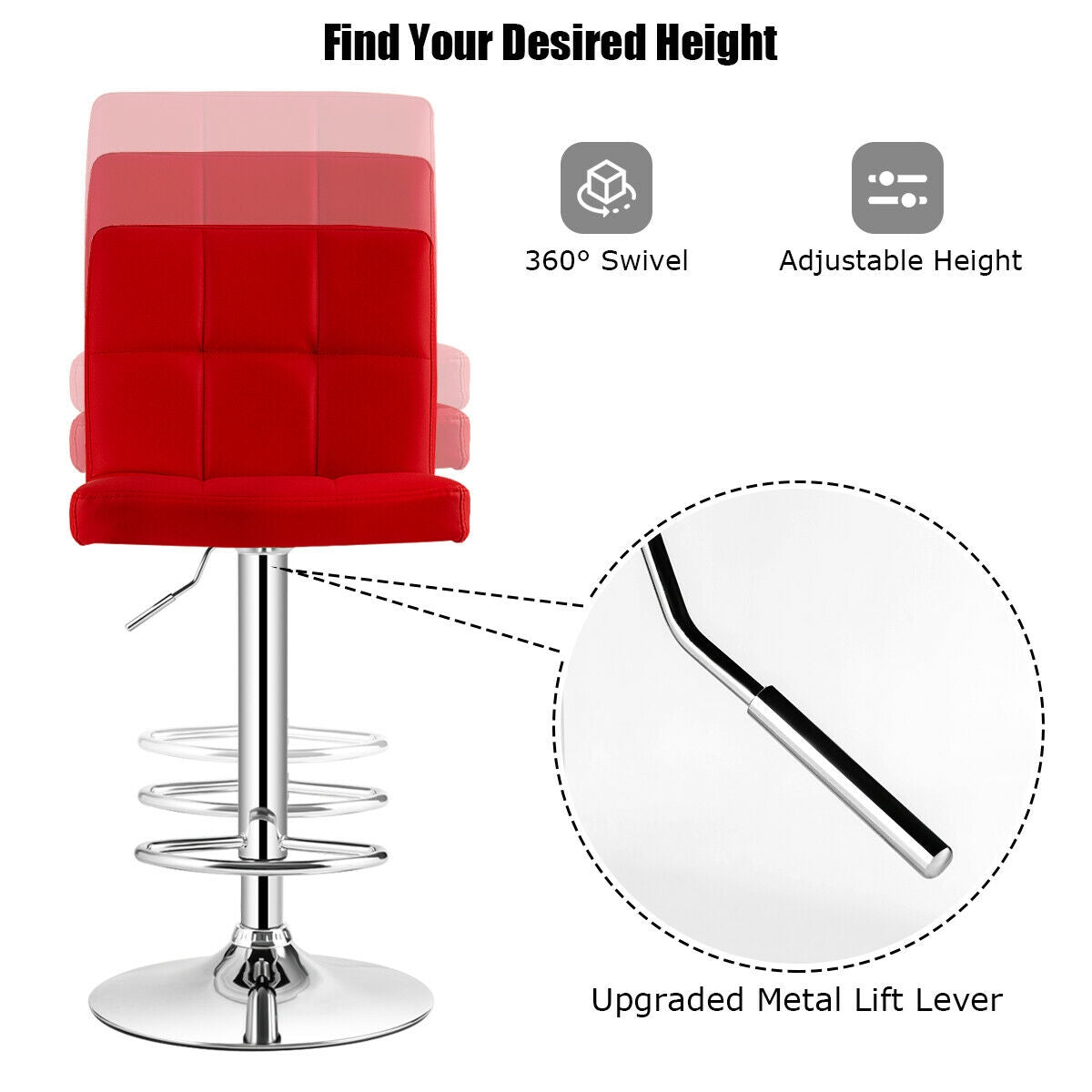 Set of 2 Square Swivel Bar Stools with Back – Grid Pattern, Red