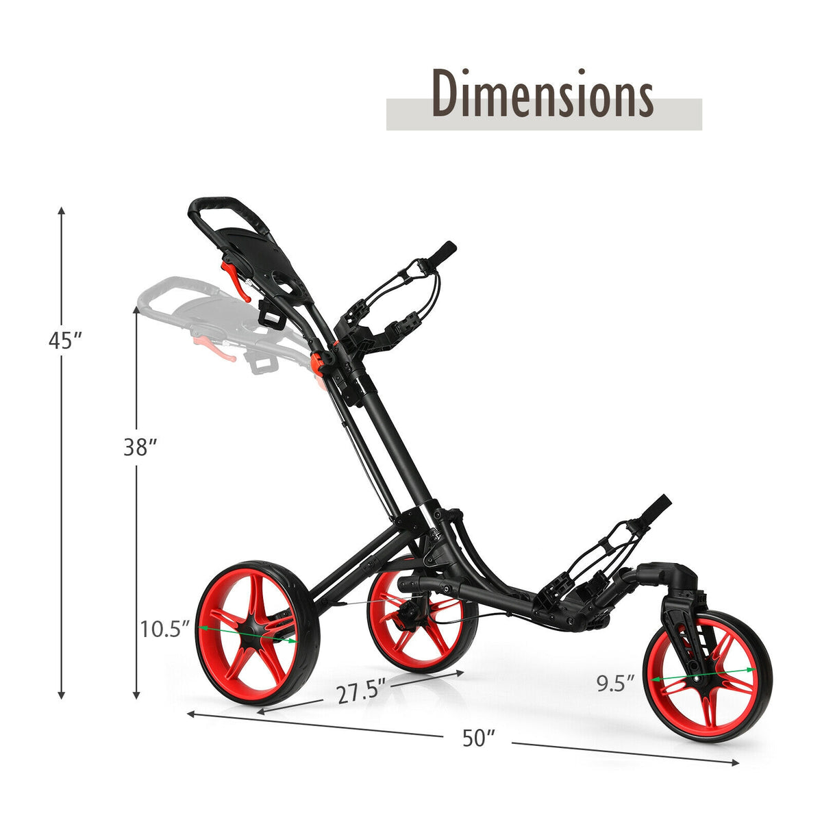 Red 3 Wheel Folding Golf Push Cart with Scoreboard & Adjustable Handle