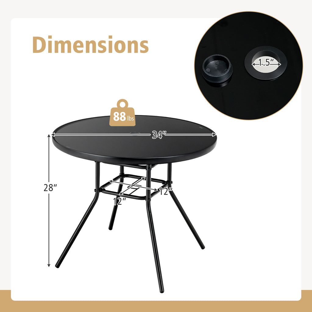 34 Inch Patio Dining Table with 1.5 Umbrella Hole for Garden