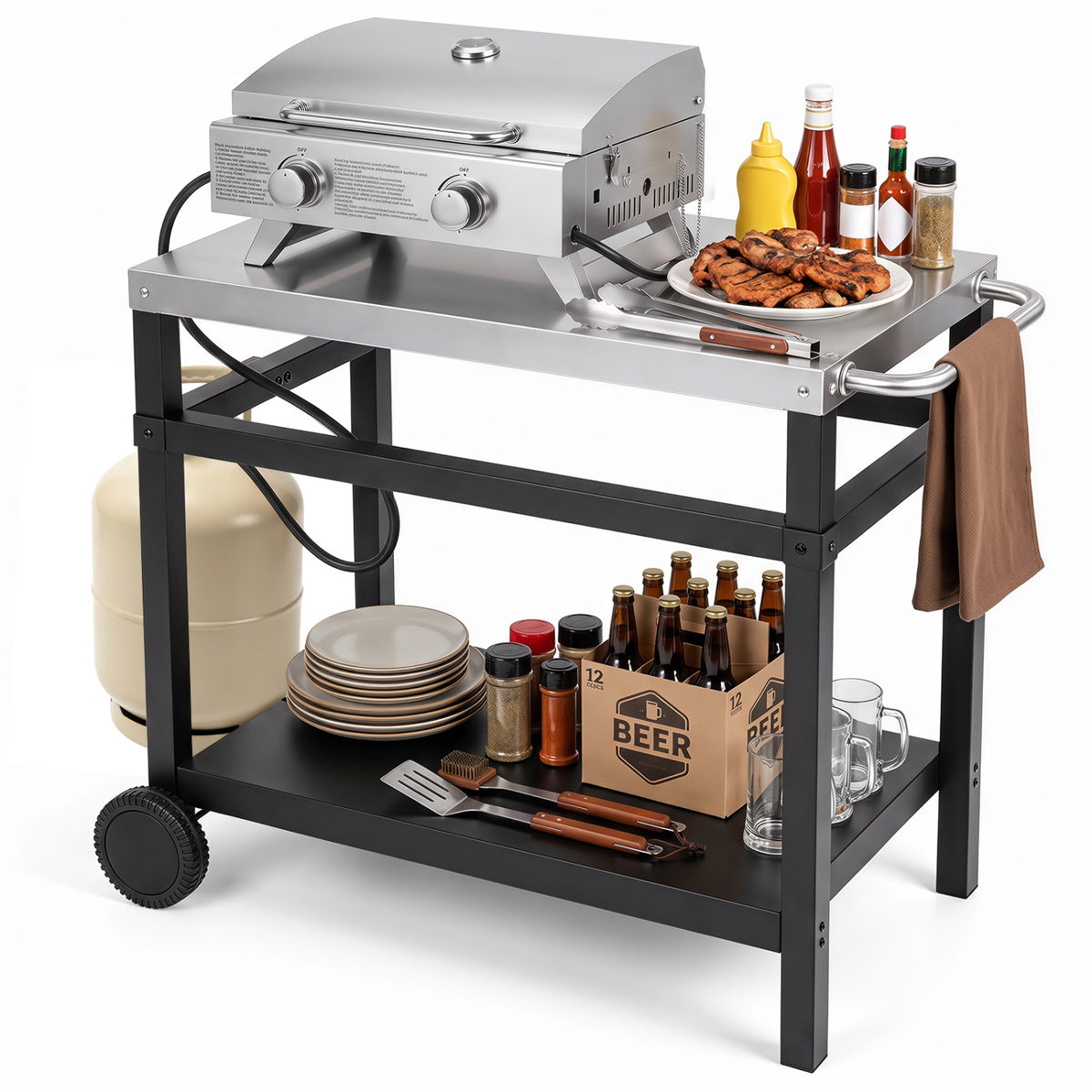 34" x 20" Double-Shelf Grill Table with Steel Top