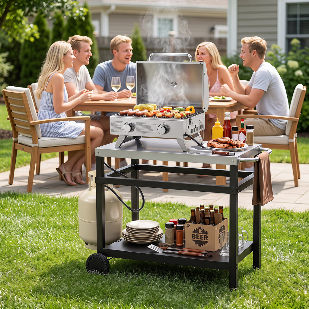 34" x 20" Double-Shelf Grill Table with Steel Top