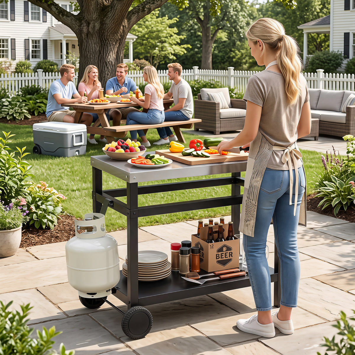 34" x 20" Double-Shelf Grill Table with Steel Top