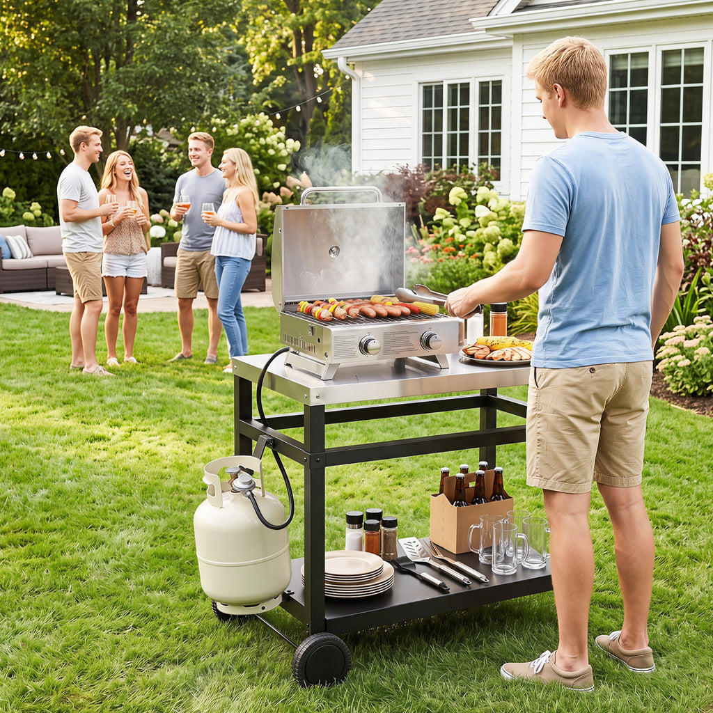 34" x 20" Double-Shelf Grill Table with Steel Top