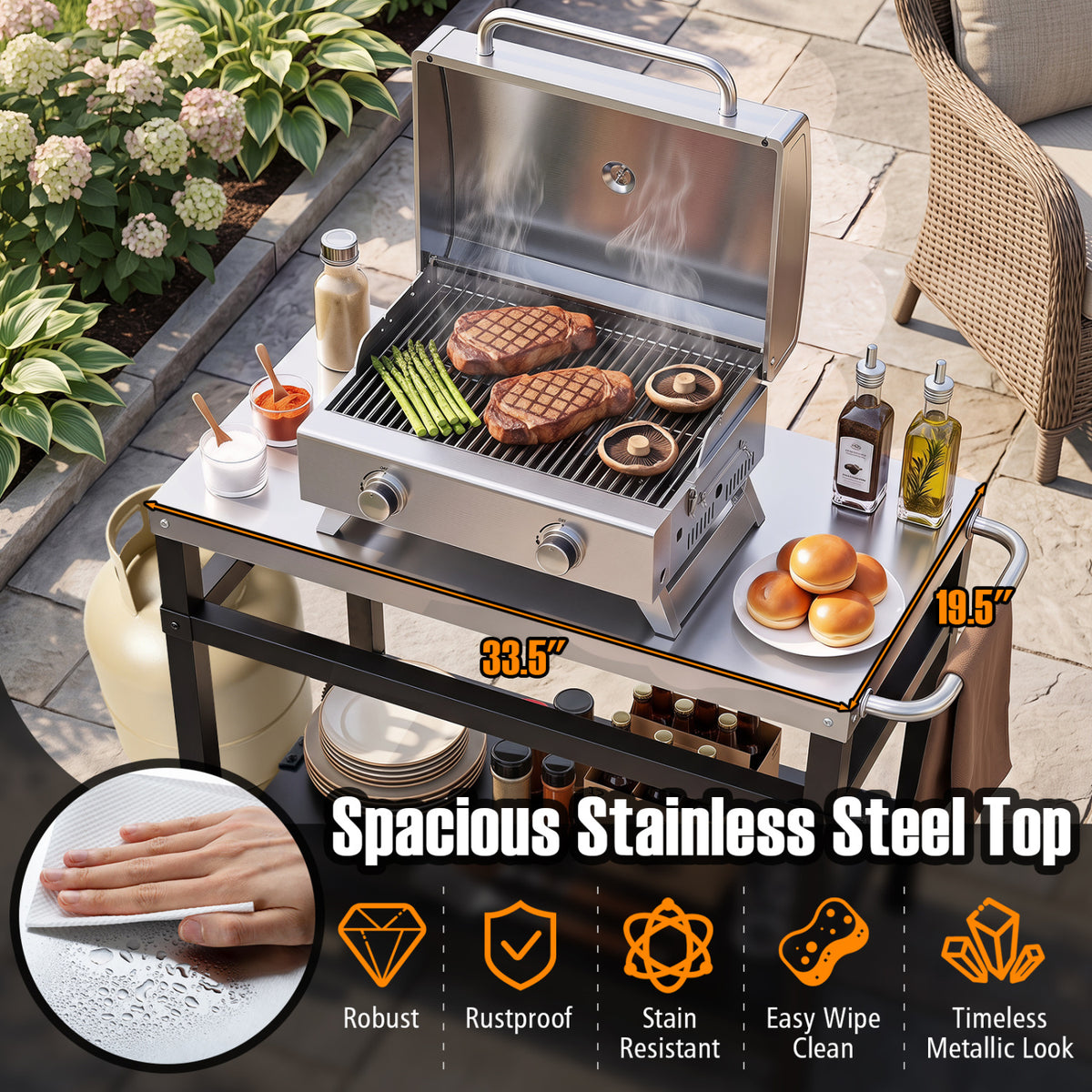 34" x 20" Double-Shelf Grill Table with Steel Top