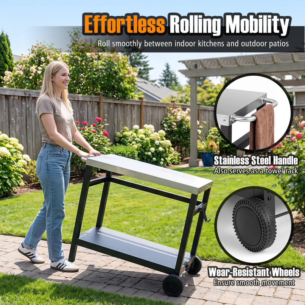 34" x 20" Double-Shelf Grill Table with Steel Top
