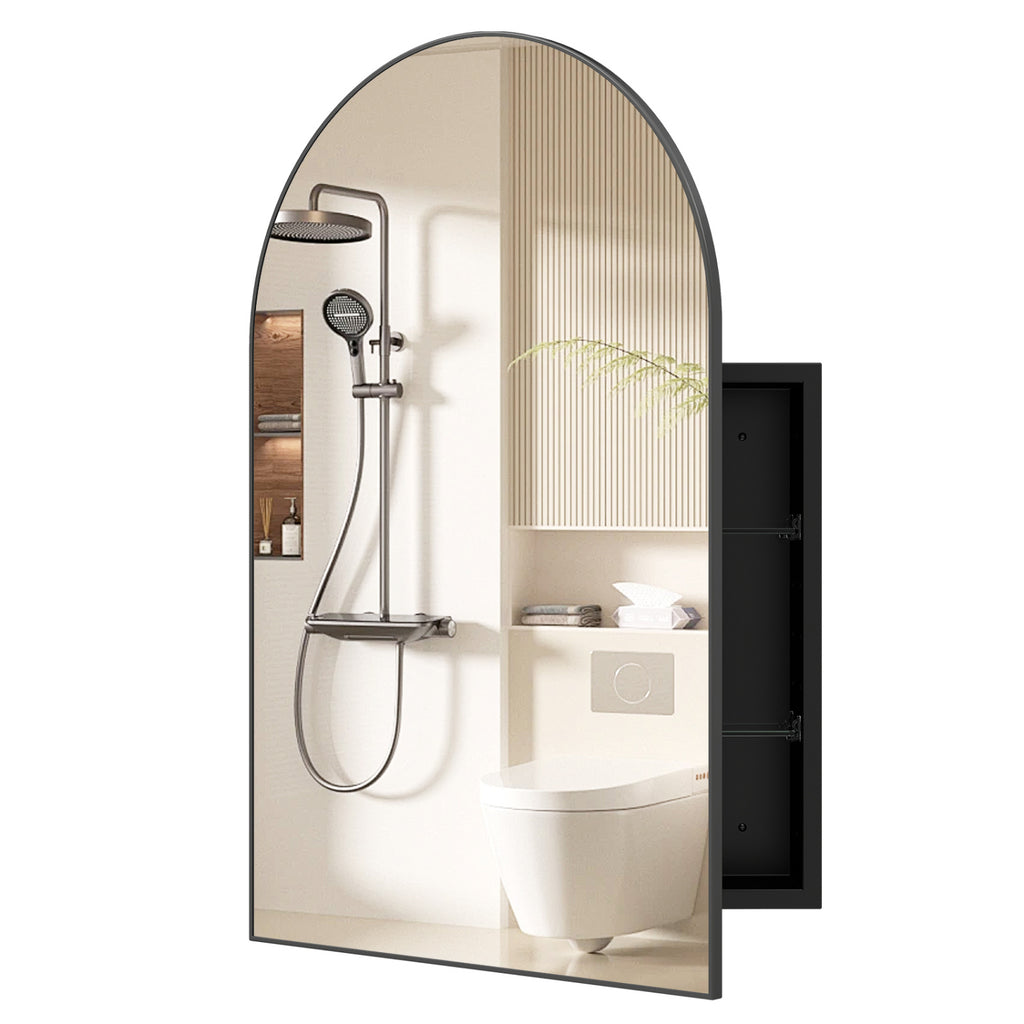Brushed Metal Wall-Mounted Storage Cabinet with Arched Mirror - Black