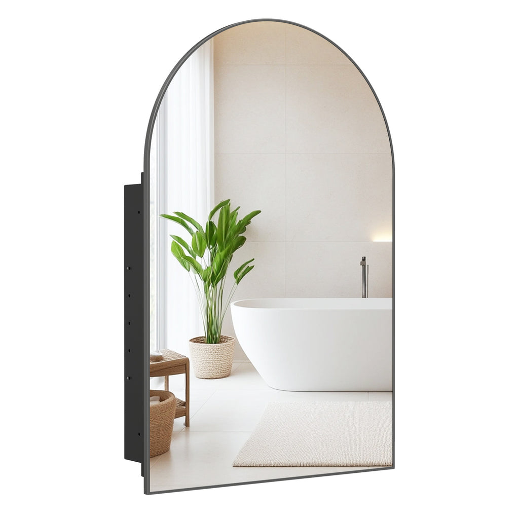 Brushed Metal Wall-Mounted Storage Cabinet with Arched Mirror - Black