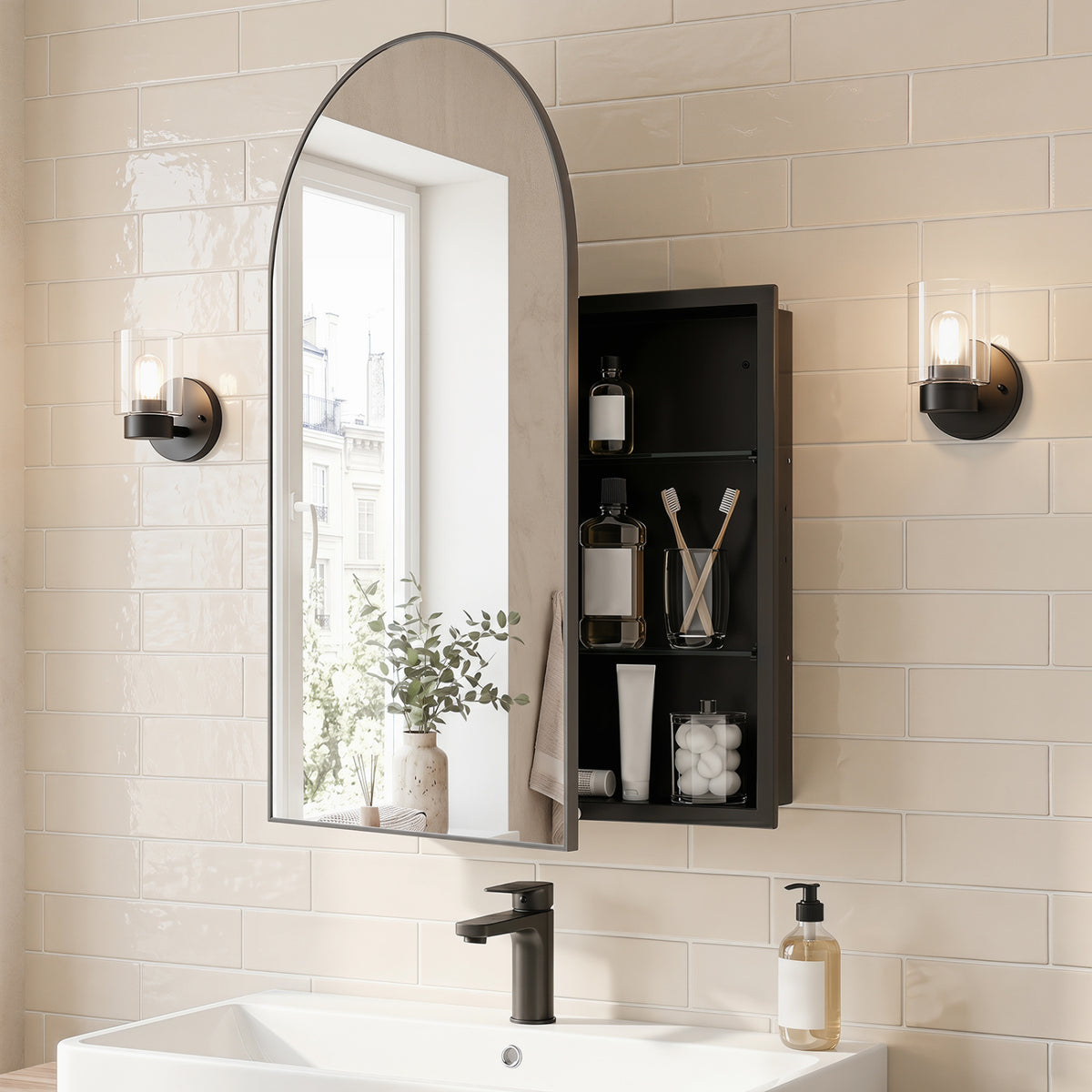 Brushed Metal Wall-Mounted Storage Cabinet with Arched Mirror - Black