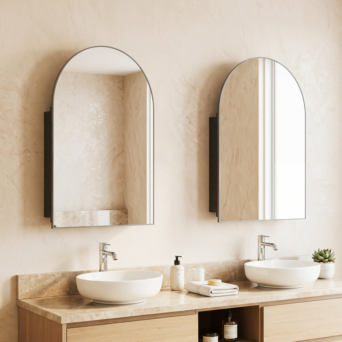 Brushed Metal Wall-Mounted Storage Cabinet with Arched Mirror - Black