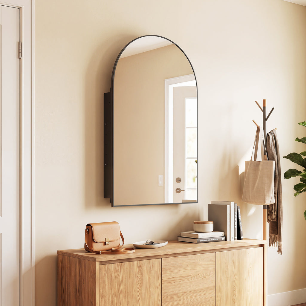 Brushed Metal Wall-Mounted Storage Cabinet with Arched Mirror - Black