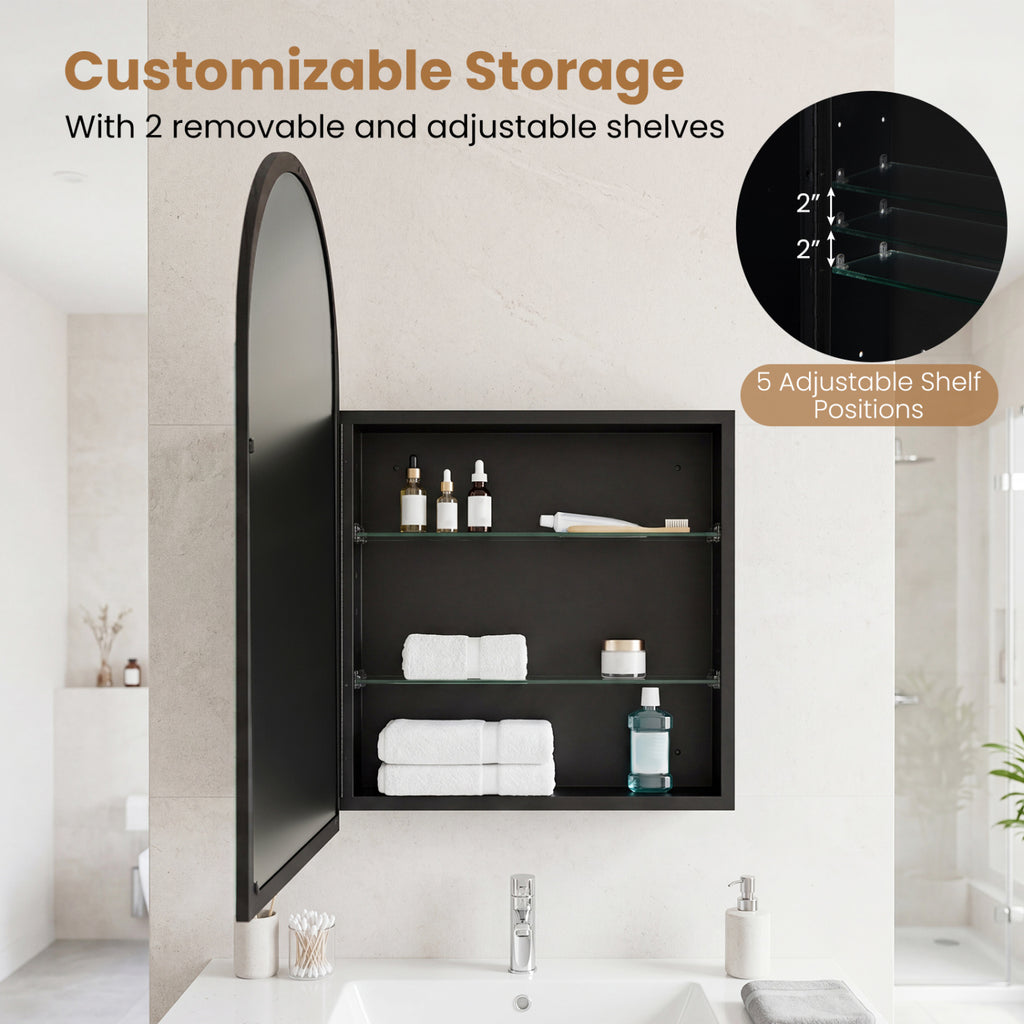 Brushed Metal Wall-Mounted Storage Cabinet with Arched Mirror - Black