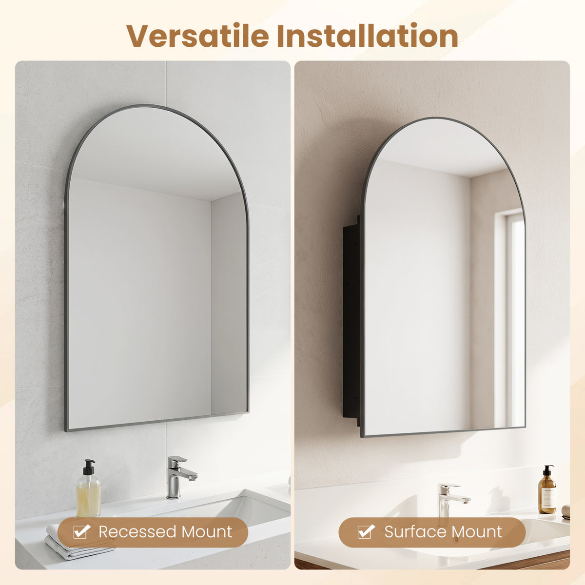 Brushed Metal Wall-Mounted Storage Cabinet with Arched Mirror - Black