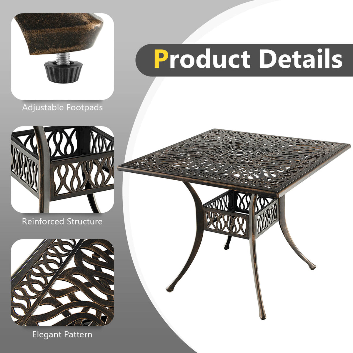 36" x 36" Square Patio Table with Umbrella Hole, Bronze