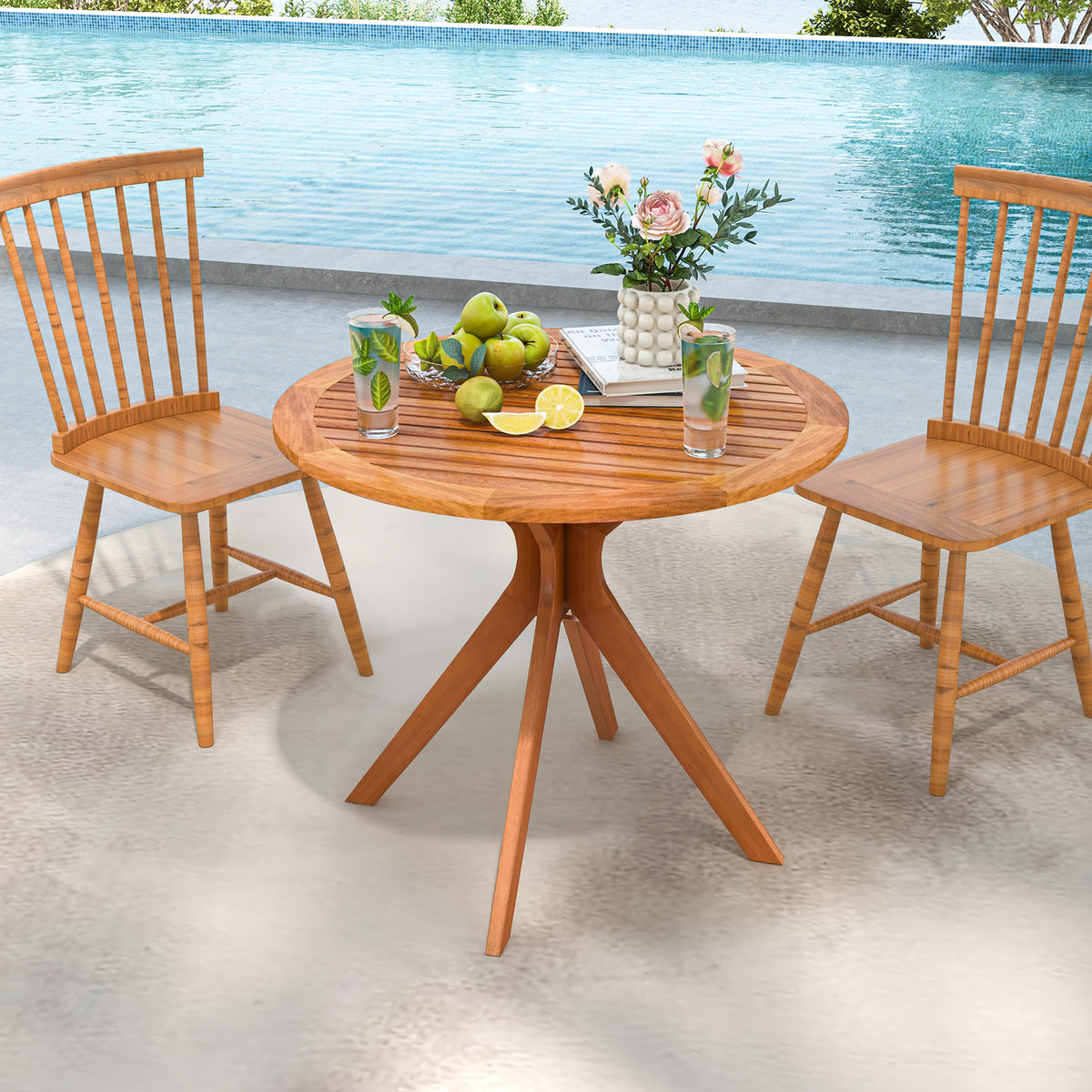 35.5 Inch Patio Wood Dining Table with Slatted Tabletop and Curved