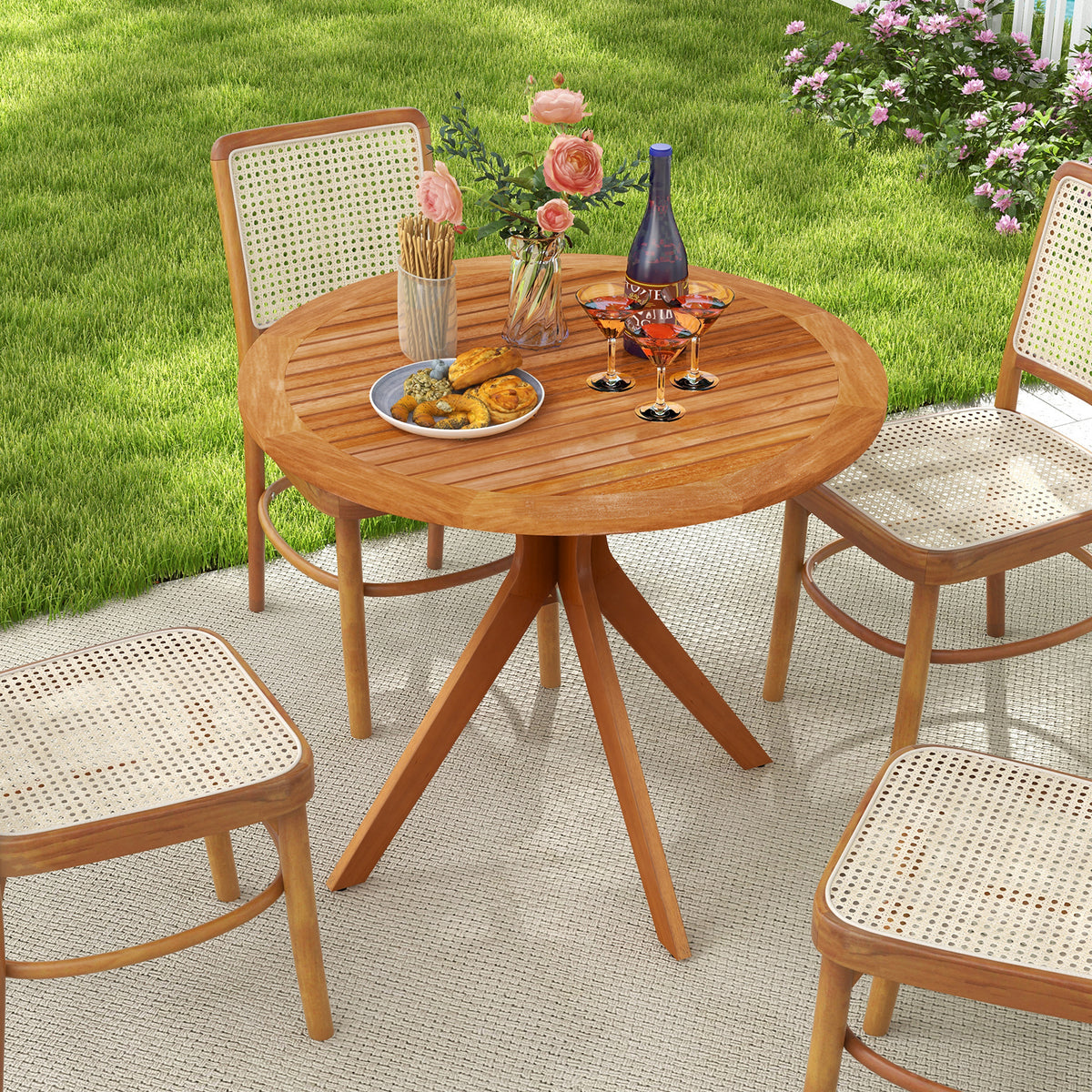 35.5 Inch Patio Wood Dining Table with Slatted Tabletop and Curved