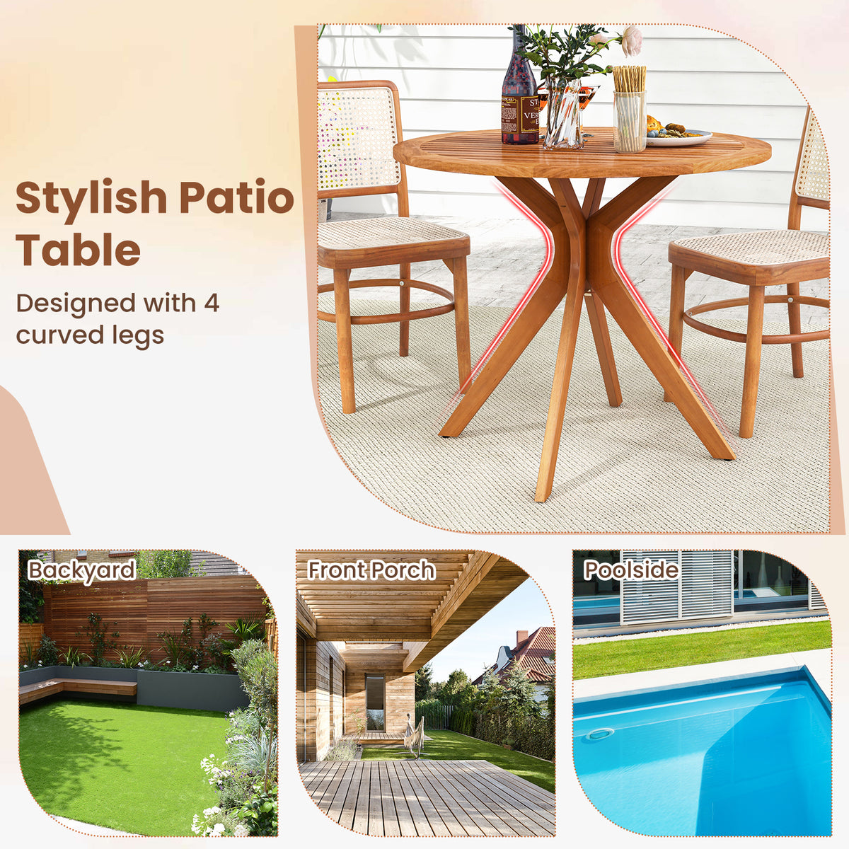 35.5 Inch Patio Wood Dining Table with Slatted Tabletop and Curved