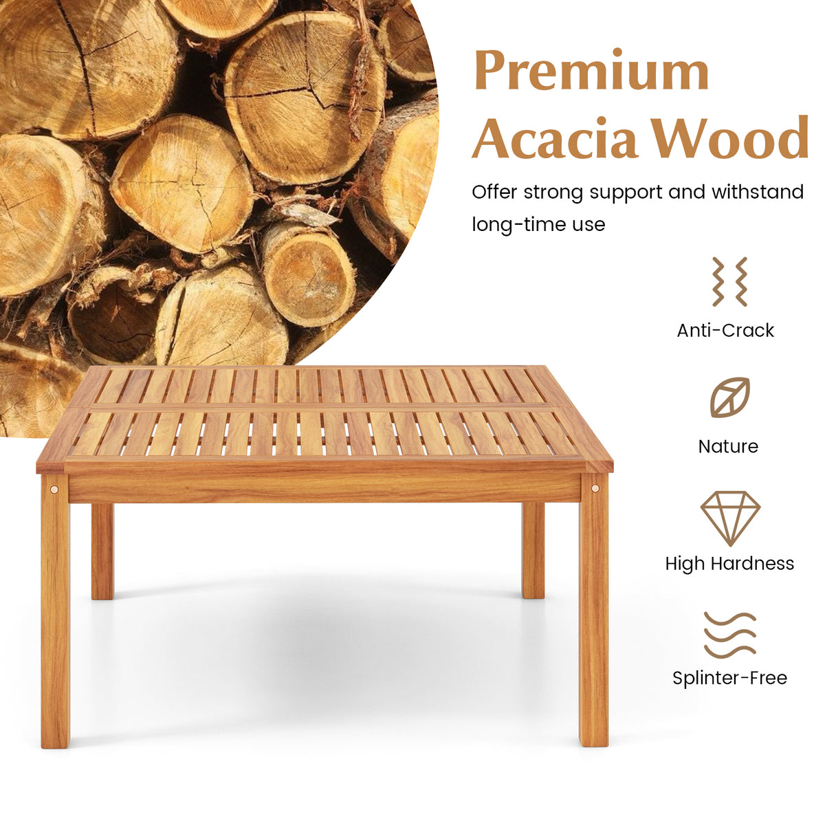 35.5 Inches Patio Solid Acacia Wood Coffee Table Side