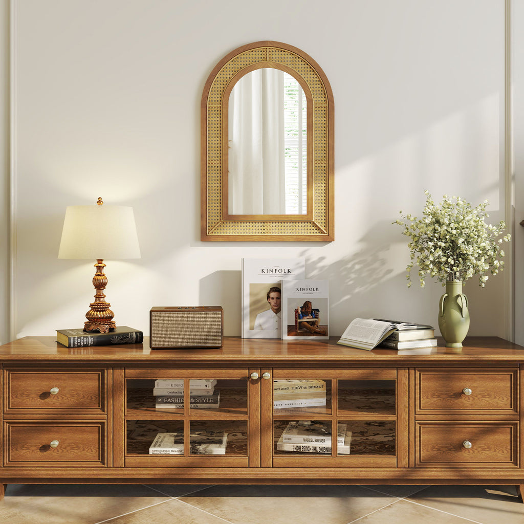 Natural Rattan Wall-Mounted Decorative Mirror with Wooden Frame - 35.5 x 23.5 Inches