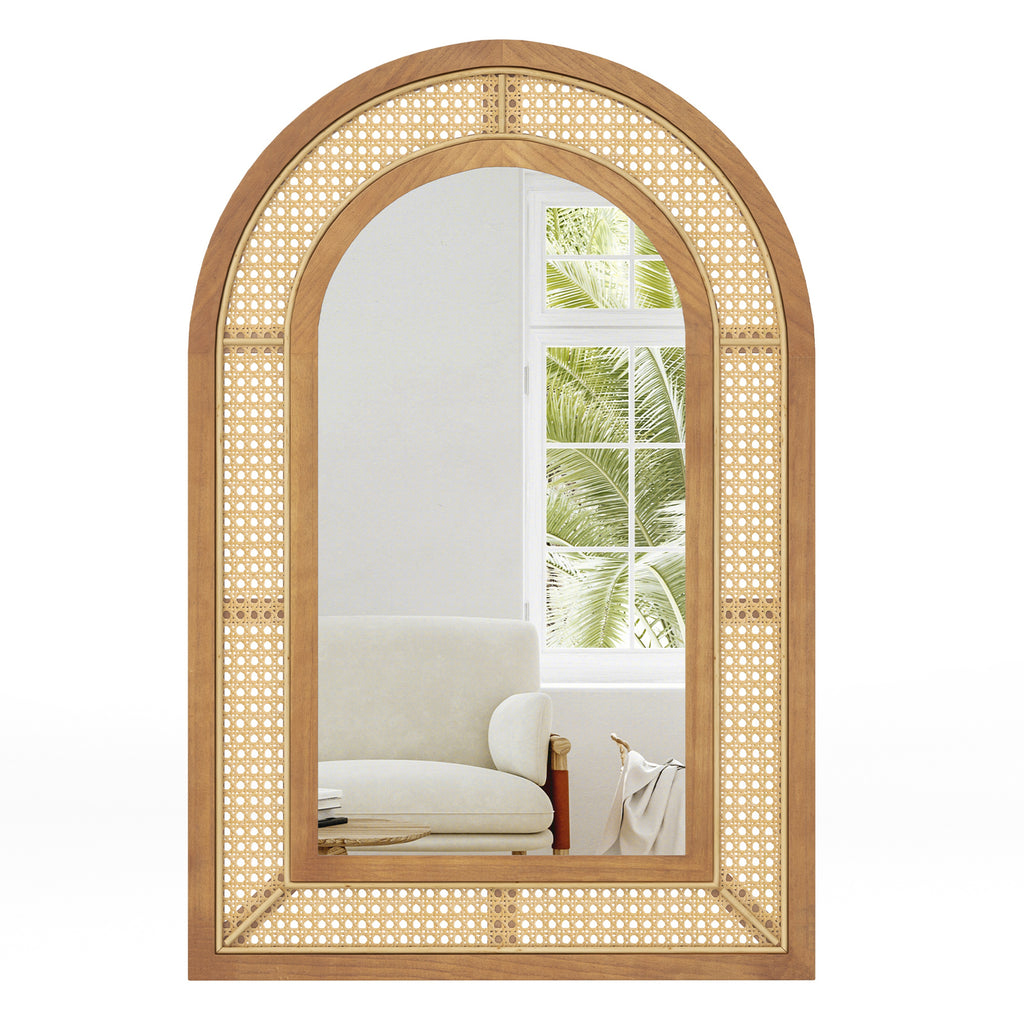 Natural Rattan Wall-Mounted Decorative Mirror with Wooden Frame - 35.5 x 23.5 Inches