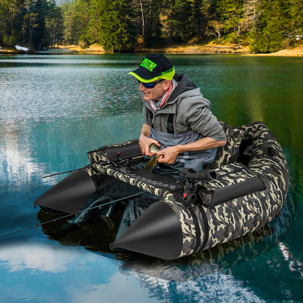 Inflatable Fishing Float Tube with Adjustable Backrest & Camouflage - 350 LBS Capacity