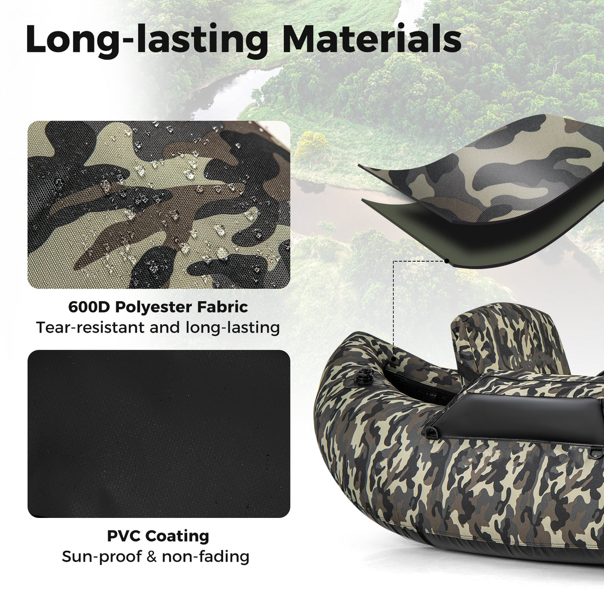 Inflatable Fishing Float Tube with Adjustable Backrest & Camouflage - 350 LBS Capacity