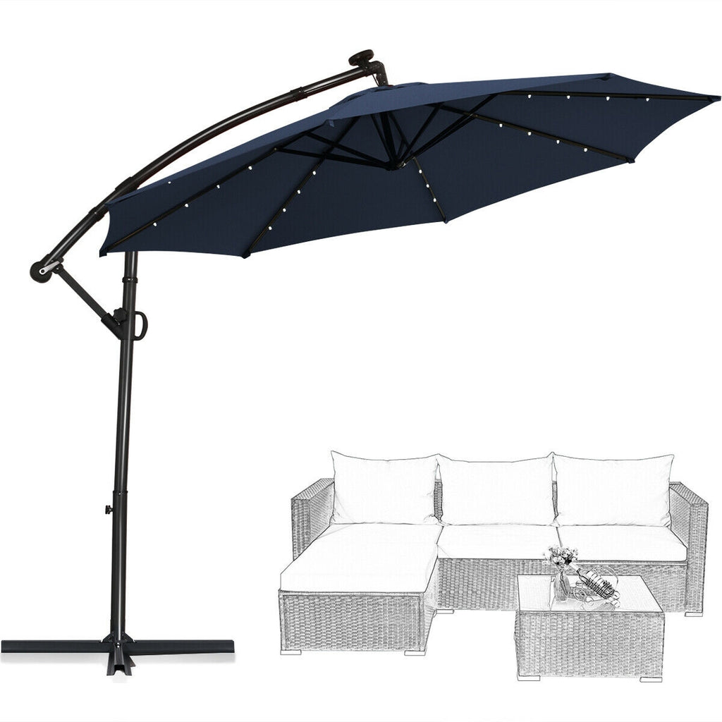 10 x 8 Feet Solar Patio Umbrella with 32 LED Lights, 360° Rotation, Navy