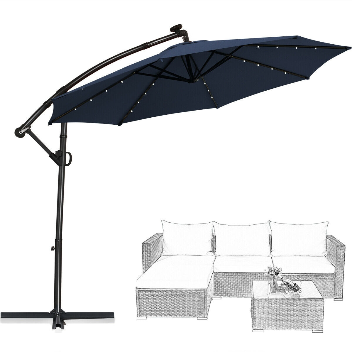 10 x 8 Feet Solar Patio Umbrella with 32 LED Lights, 360° Rotation, Navy