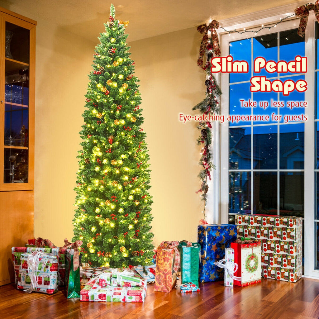 7.5 Ft Pre-Lit Slim Christmas Tree with Pine Cones & Red Berries