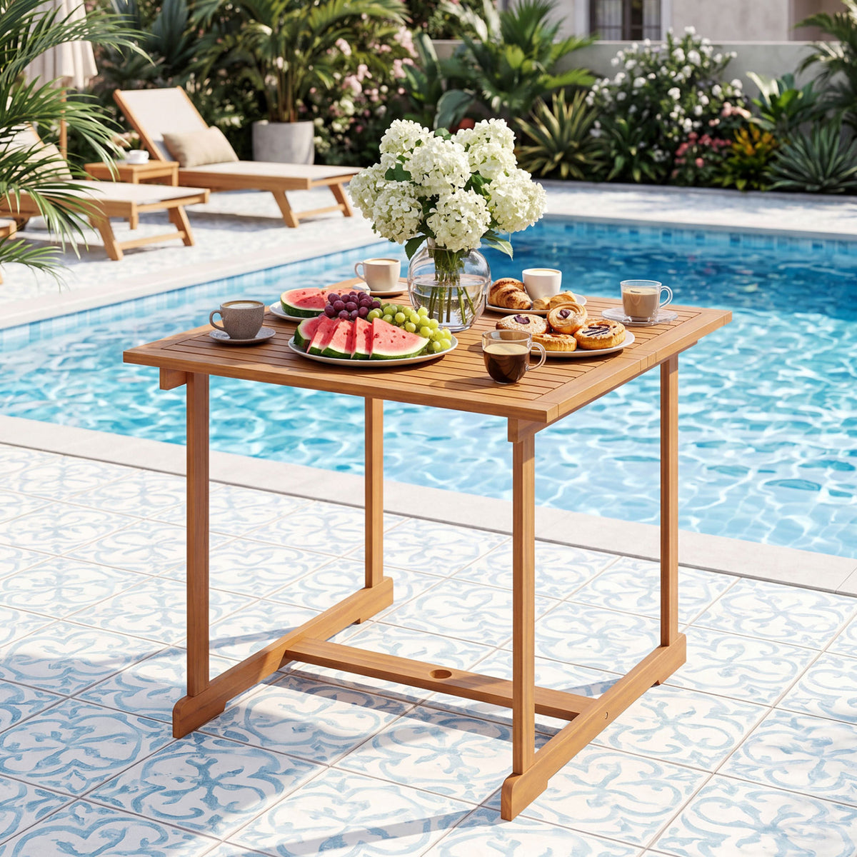 35.5" Acacia Wood Outdoor Dining Table with Umbrella Hole and