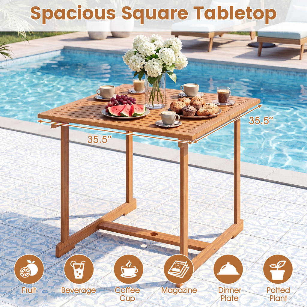 35.5" Acacia Wood Outdoor Dining Table with Umbrella Hole and