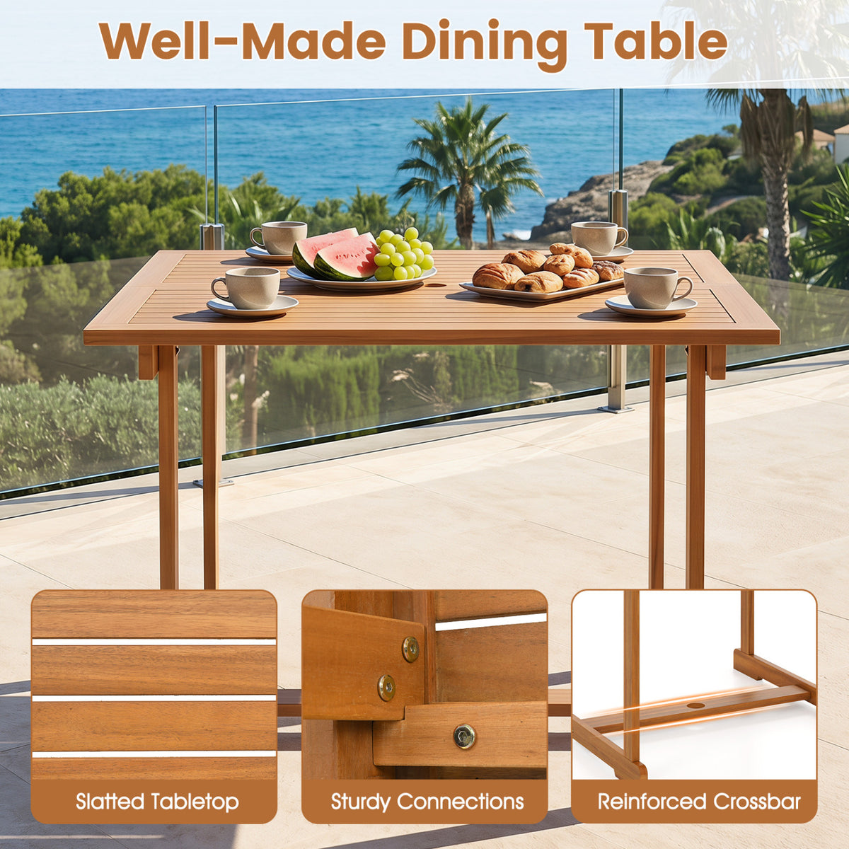 35.5" Acacia Wood Outdoor Dining Table with Umbrella Hole and
