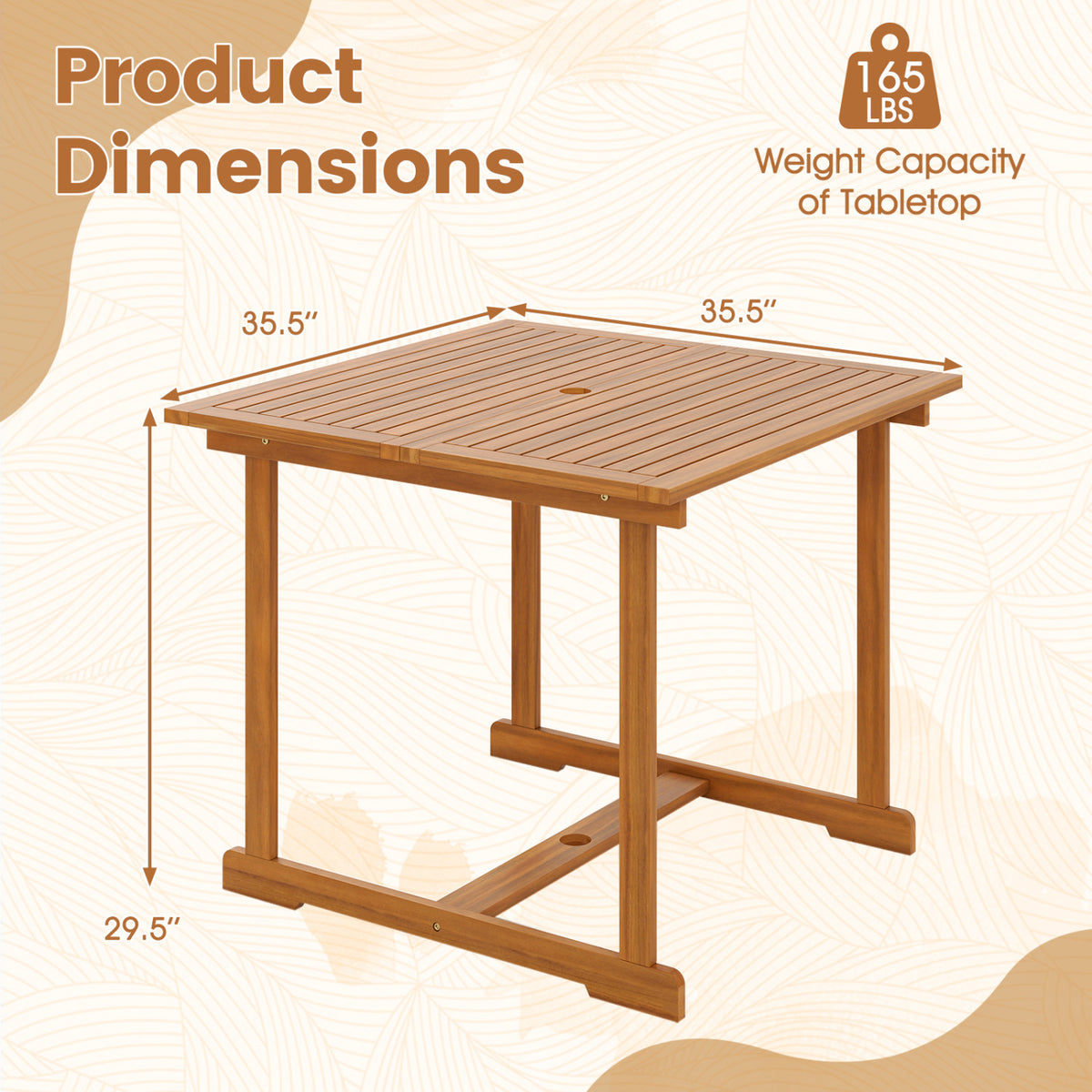 35.5" Acacia Wood Outdoor Dining Table with Umbrella Hole and
