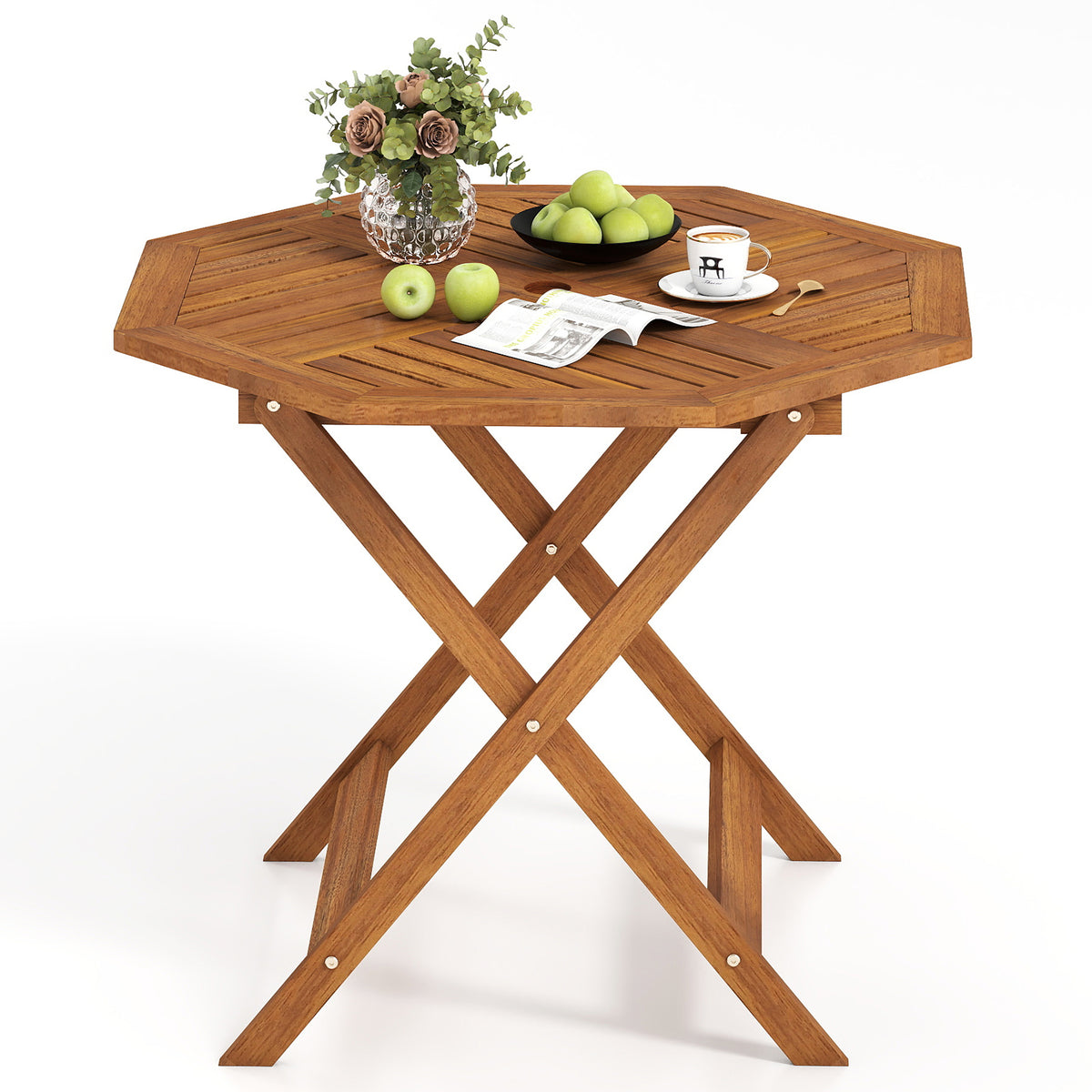 35.5 Inch Solid Wood Patio Dining Table Octagon with 1.97 Umbrella