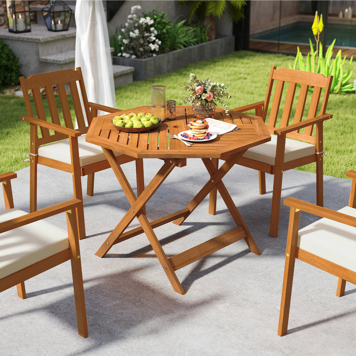 35.5 Inch Solid Wood Patio Dining Table Octagon with 1.97 Umbrella