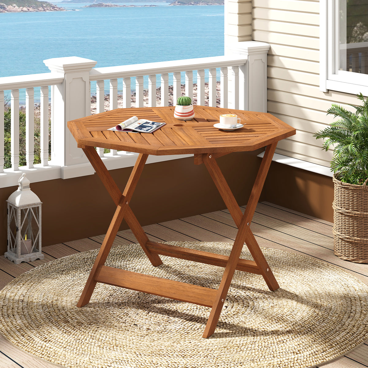 35.5 Inch Solid Wood Patio Dining Table Octagon with 1.97 Umbrella