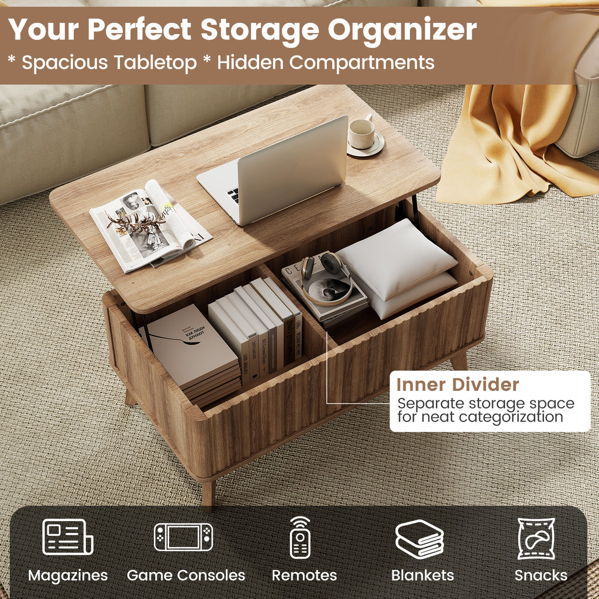 35.5" Lift Top Coffee Table with Storage - Walnut