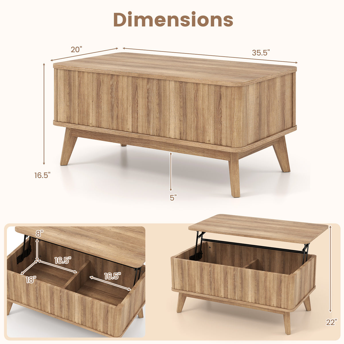 35.5" Walnut Lift Top Coffee Table with Fluted Design