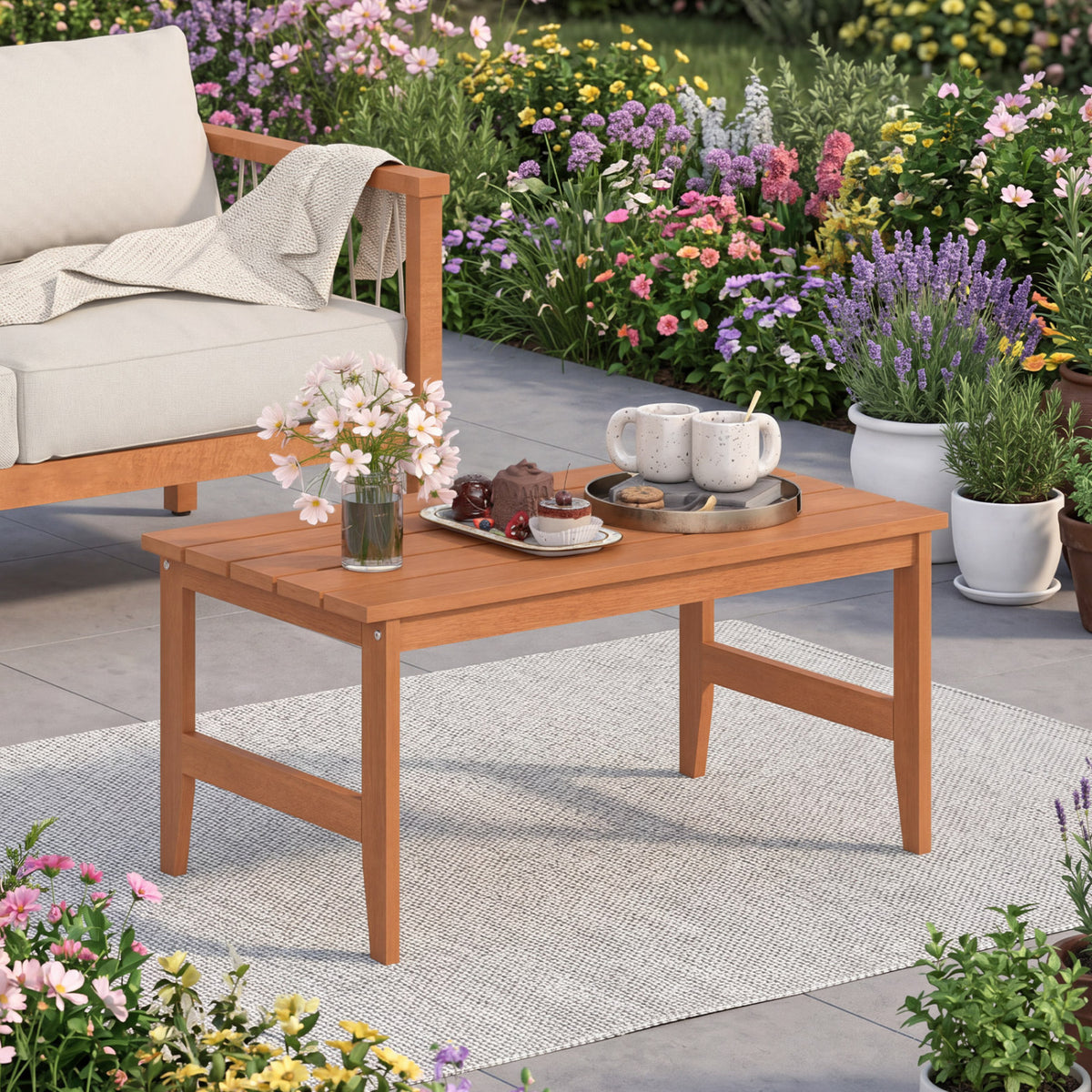 35.5" Solid Wood Outdoor Coffee Table with Rectangular Slatted Top