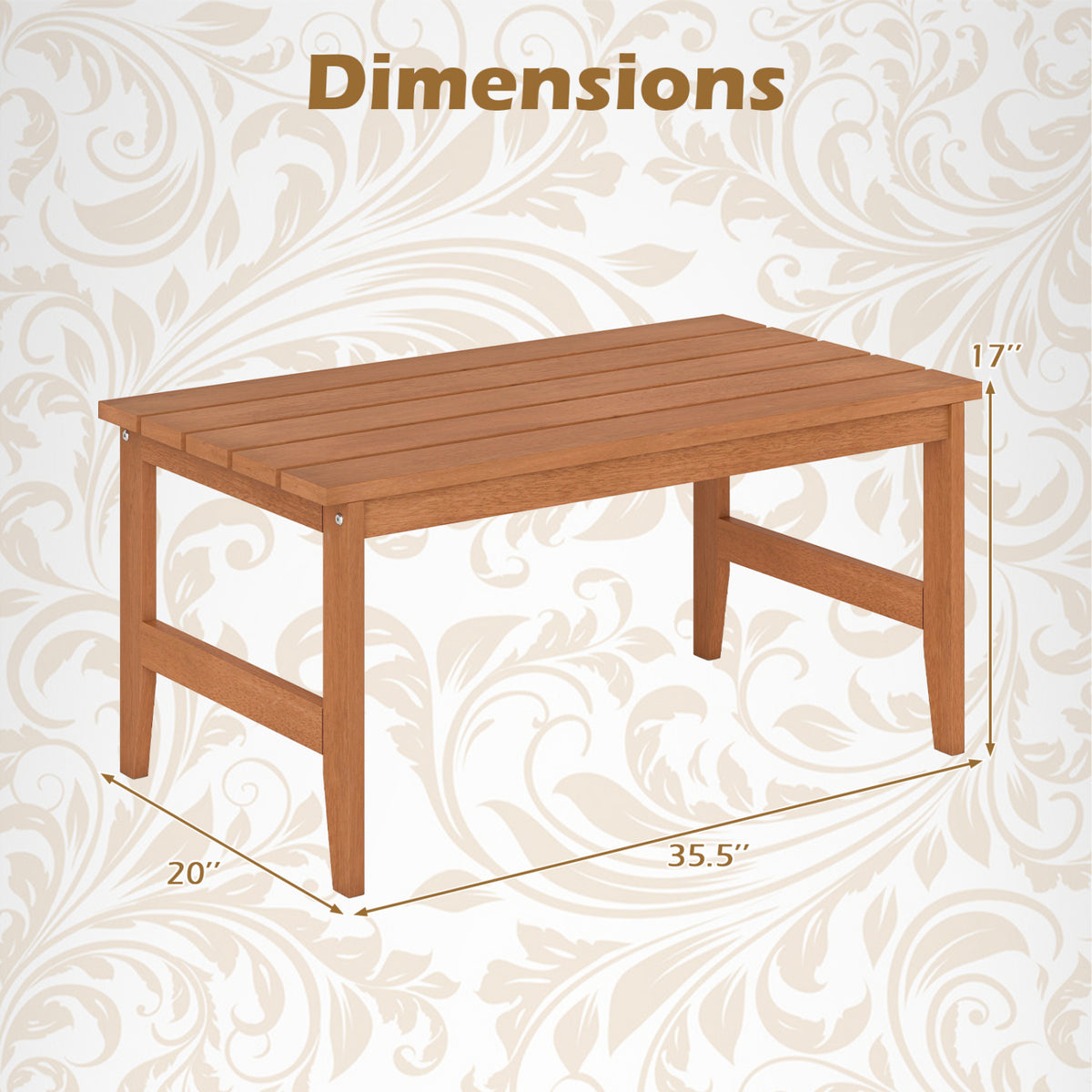 35.5" Solid Wood Outdoor Coffee Table with Rectangular Slatted Top