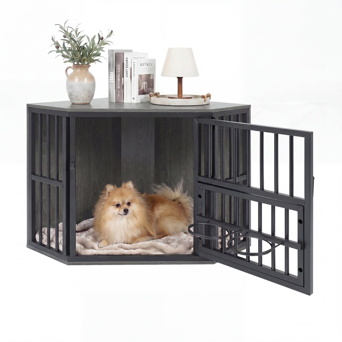Corner Wooden Dog Kennel End Table with 3-Position Bowl Rack - Oak Finish