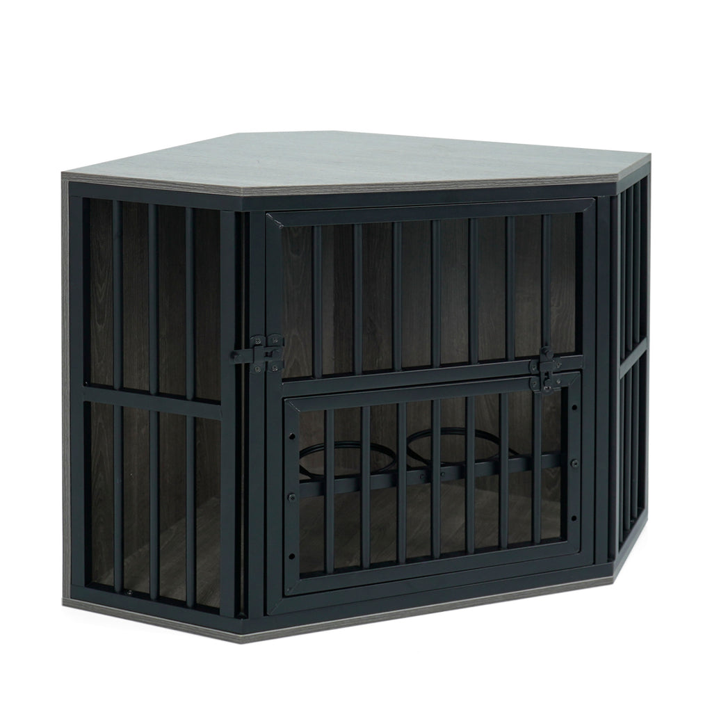 Corner Wooden Dog Kennel End Table with 3-Position Bowl Rack - Oak Finish