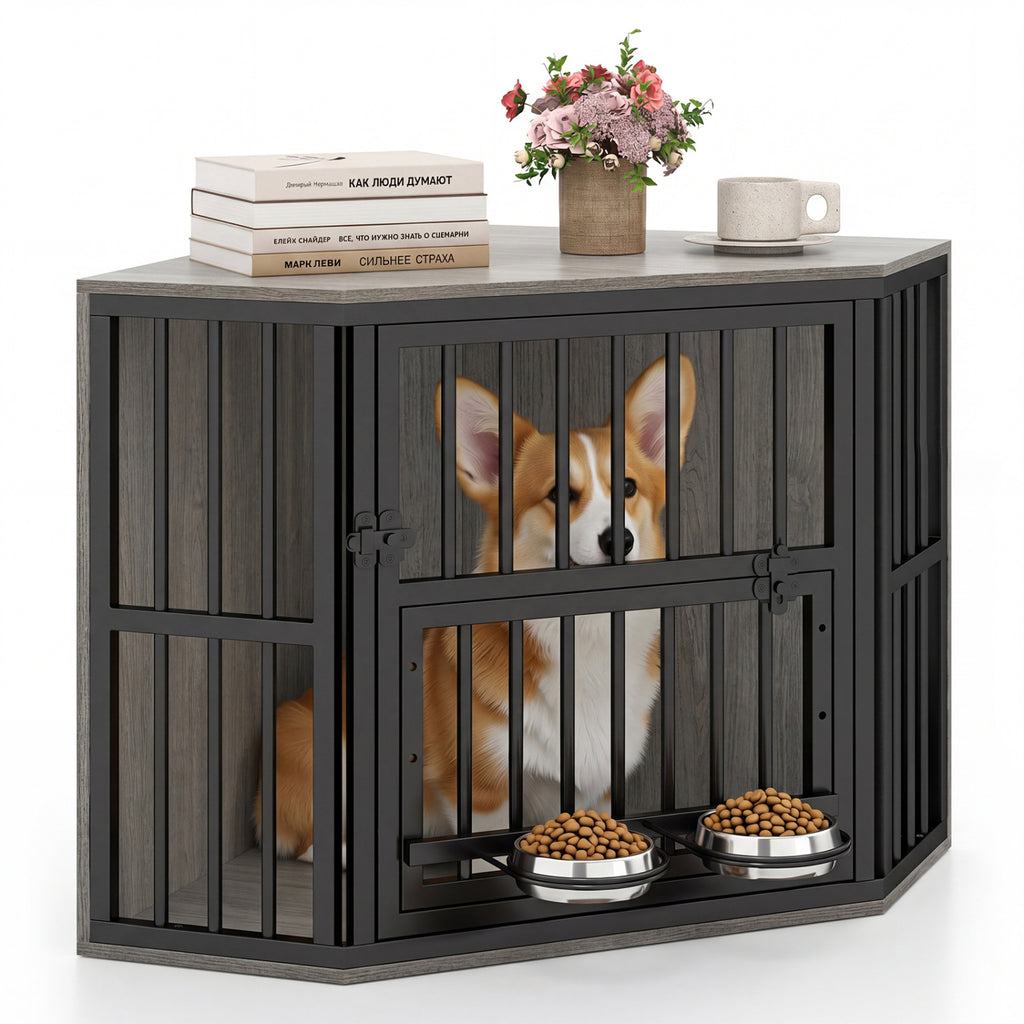Corner Wooden Dog Kennel End Table with 3-Position Bowl Rack - Oak Finish