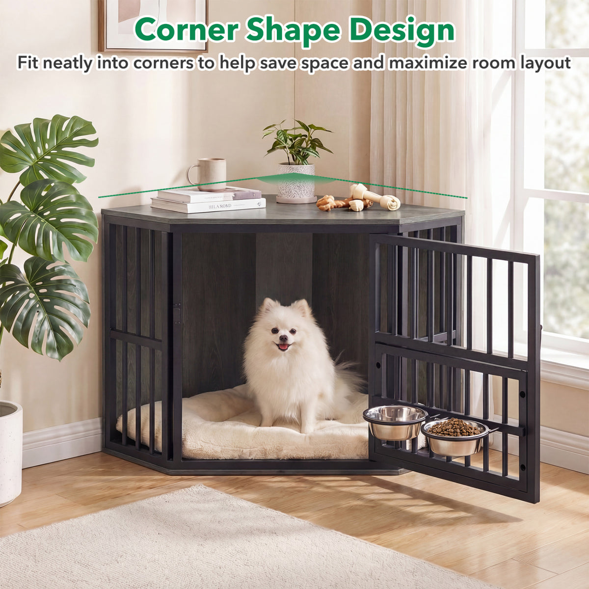 Corner Wooden Dog Kennel End Table with 3-Position Bowl Rack - Oak Finish