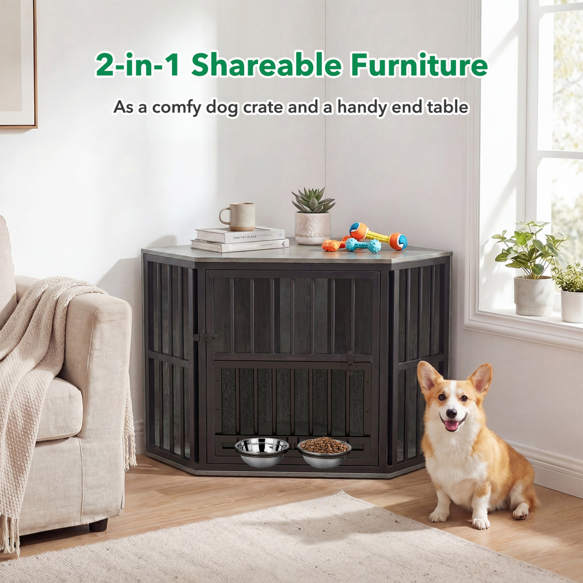 Corner Wooden Dog Kennel End Table with 3-Position Bowl Rack - Oak Finish