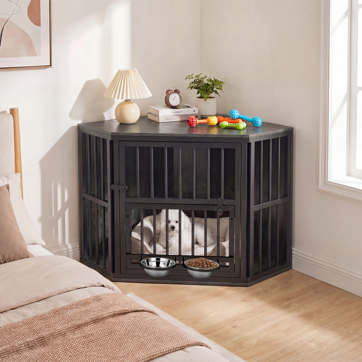 Corner Wooden Dog Kennel End Table with 3-Position Bowl Rack - Oak Finish